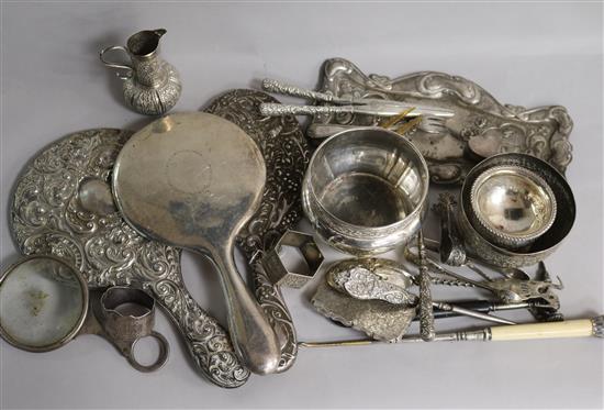 A group of assorted silver and other items, including hand mirrors, bowl, pin tray, napkin ring etc.